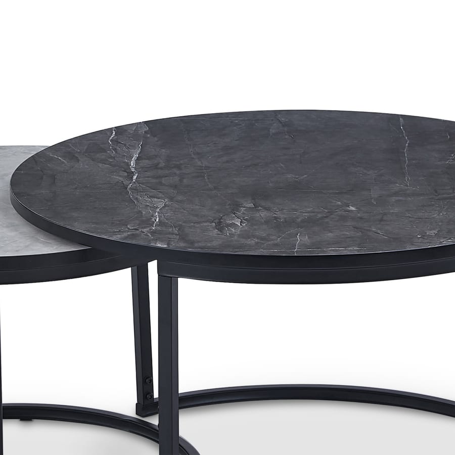 Lot de 2 tables basses rondes gigognes effet marbre pieds en métal noir