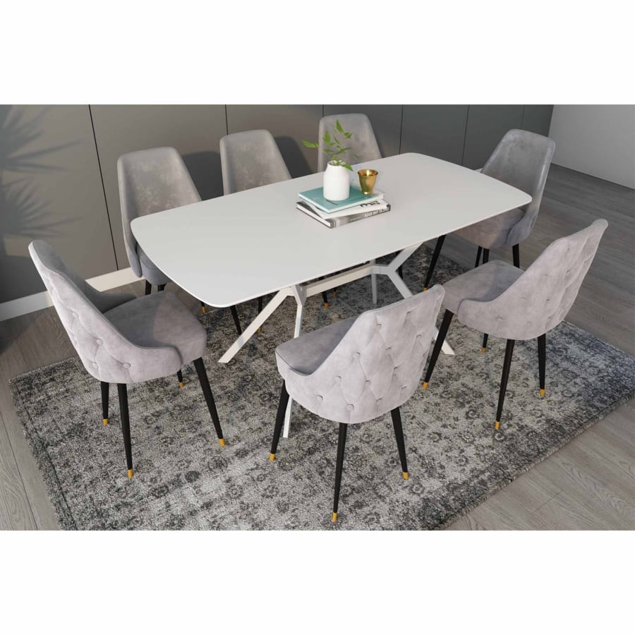 Table &agrave; manger extensible 6-8 personnes blanc laqu&eacute; pieds m&eacute;tal