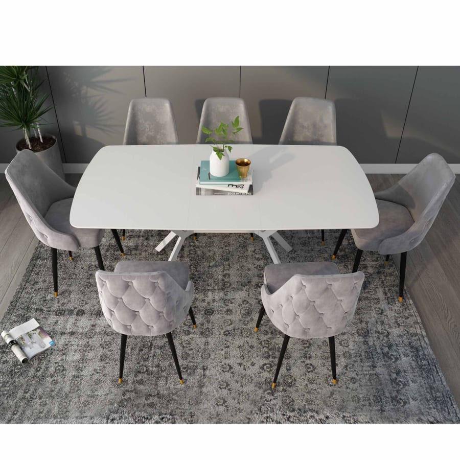 Table &agrave; manger extensible 6-8 personnes blanc laqu&eacute; pieds m&eacute;tal