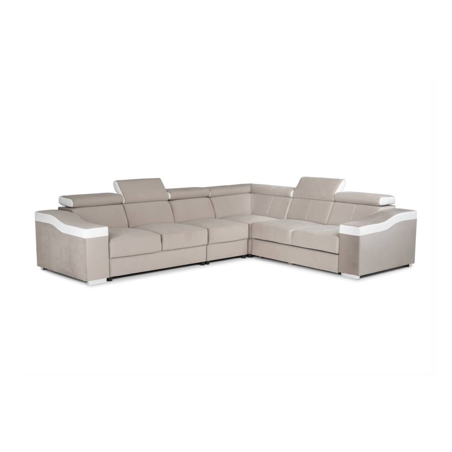 Canapé d’angle convertible réversible en tissu velours beige et simili cuir blanc