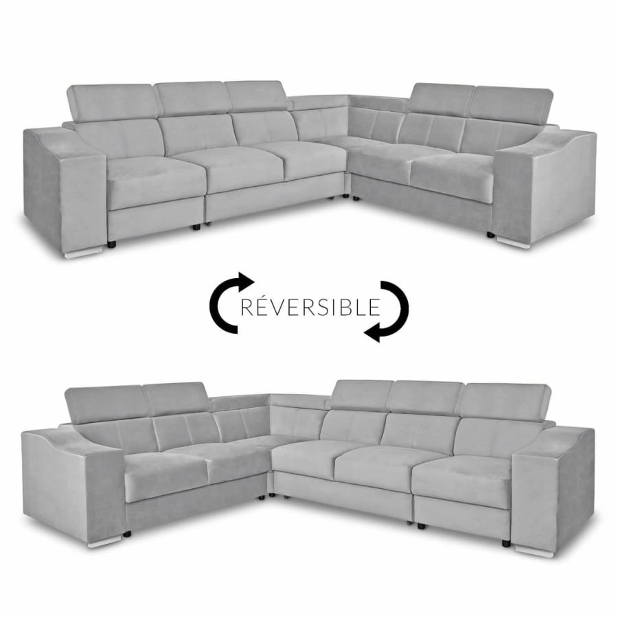 Canapé d’angle convertible réversible en tissu velours gris clair