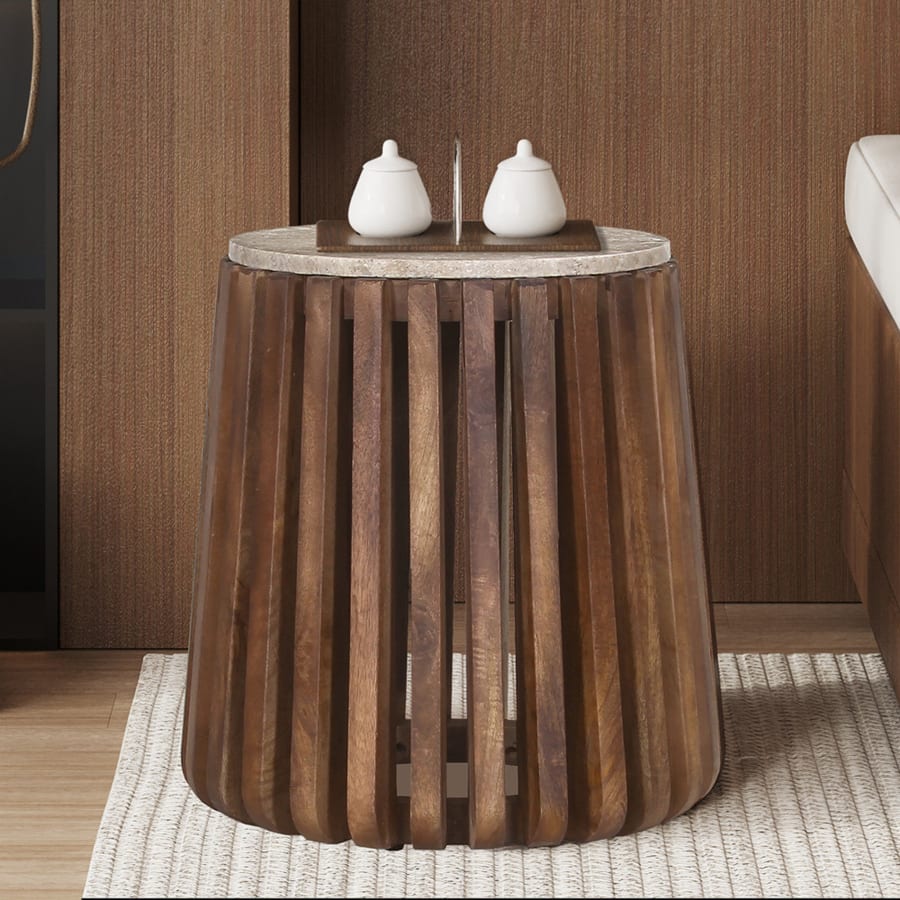 Table d'appoint en travertin et bois de manguier 40 cm