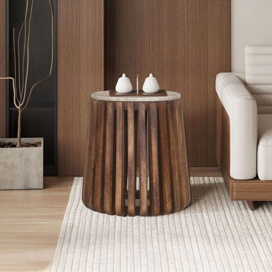 Table d'appoint en travertin et bois de manguier 40 cm