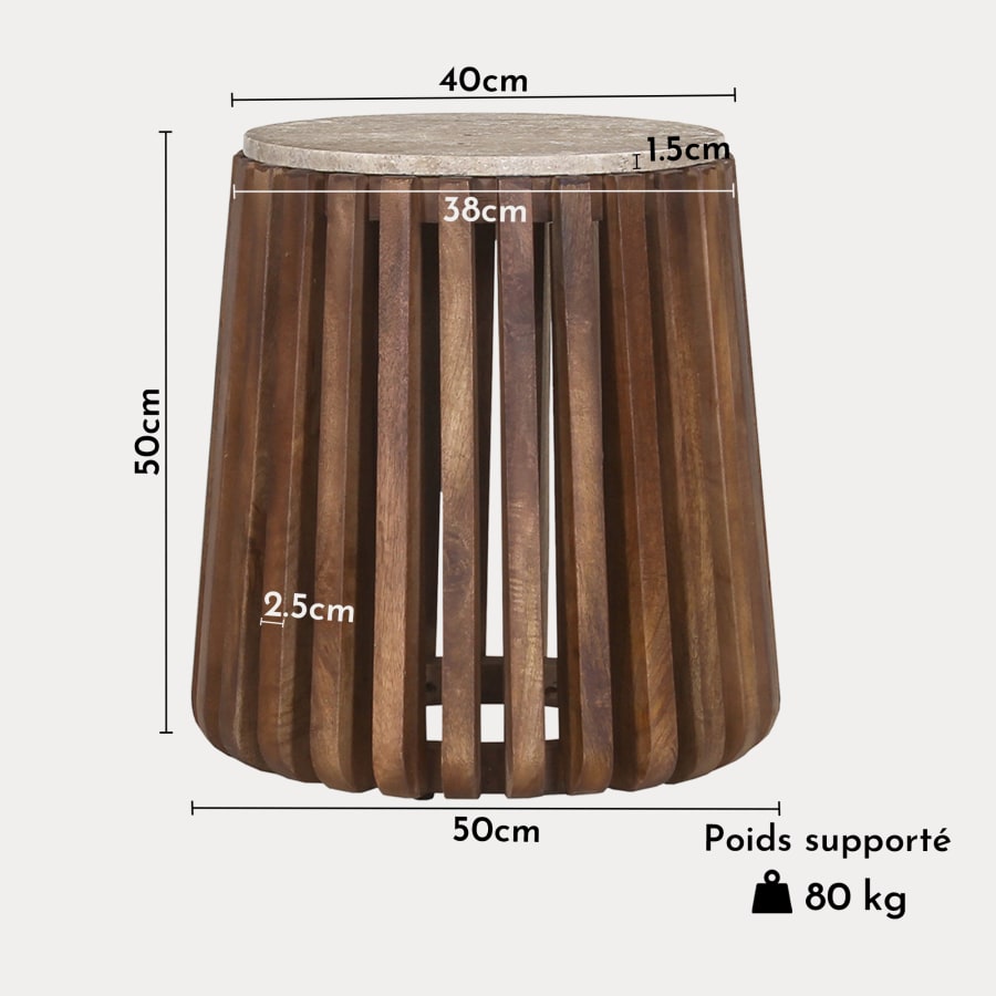 Table d'appoint en travertin et bois de manguier 40 cm