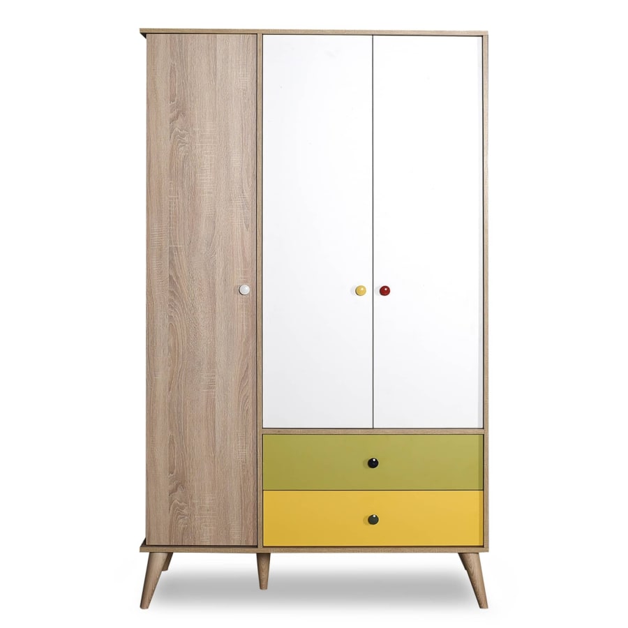 Armoire penderie 3 portes 6 &eacute;tag&egrave;res bois blanc 2 tiroirs multicolore