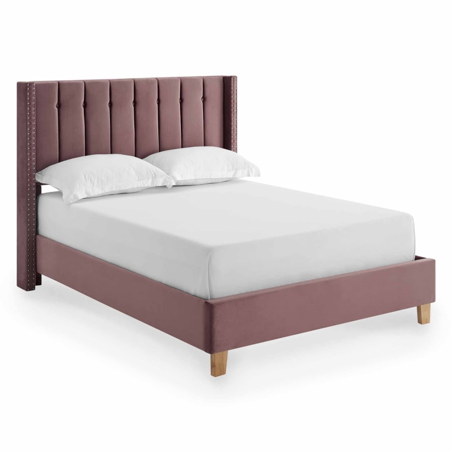 Lit double capitonn&eacute; en velours rose 140x190 cm