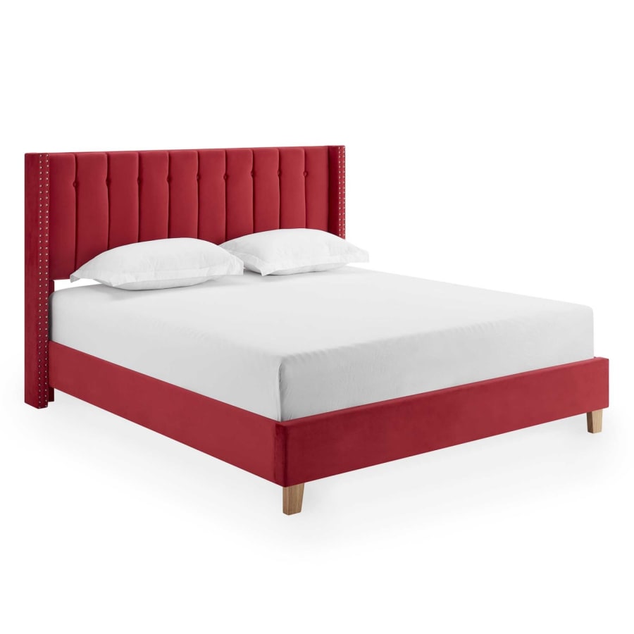 Lit double capitonné en velours rouge 180x200 cm