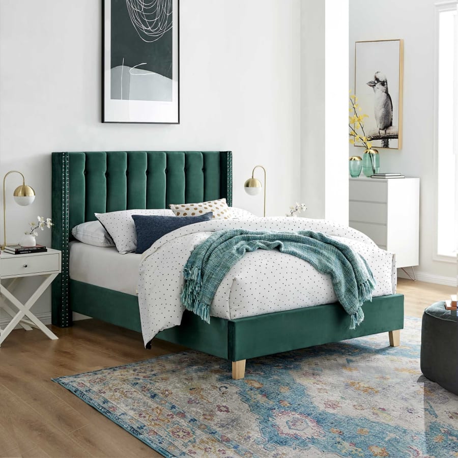 Lit double capitonn&eacute; en velours vert 140x190 cm