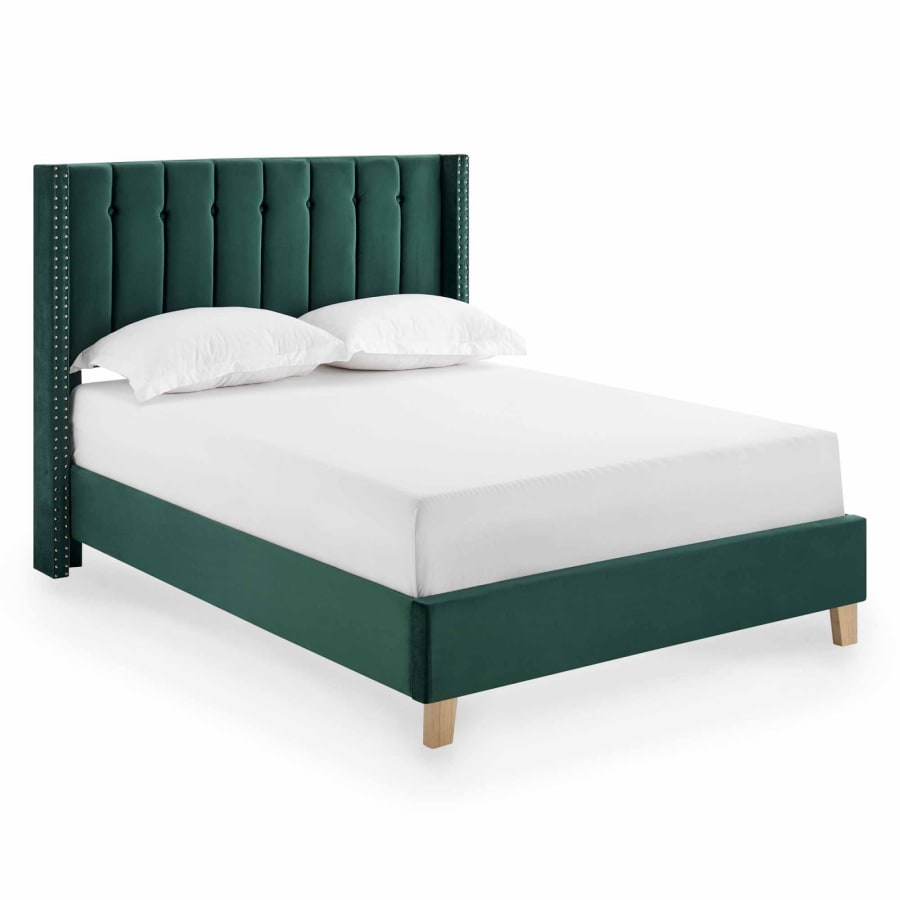 Lit double capitonn&eacute; en velours vert 140x190 cm