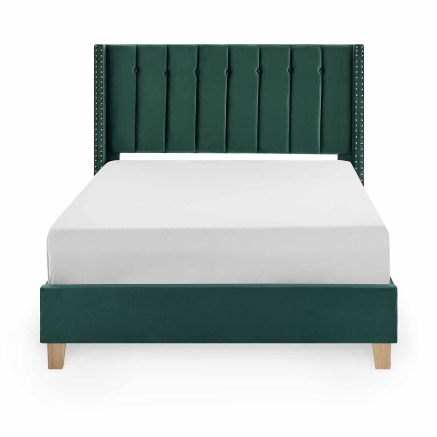 Lit double capitonn&eacute; en velours vert 140x190 cm