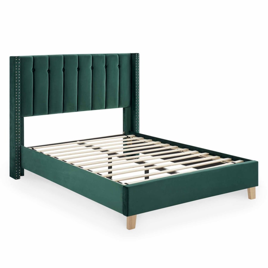 Lit double capitonn&eacute; en velours vert 140x190 cm