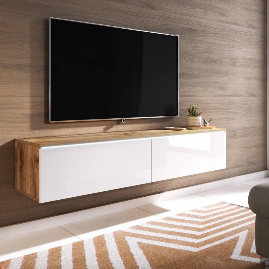 Meuble TV contemporain ch&ecirc;ne et laqu&eacute; blanc avec LED 2 portes - 140 cm