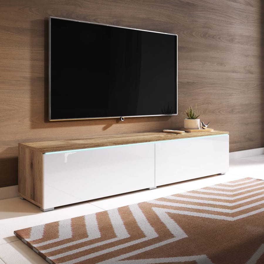 Meuble TV contemporain ch&ecirc;ne et laqu&eacute; blanc avec LED 2 portes - 140 cm