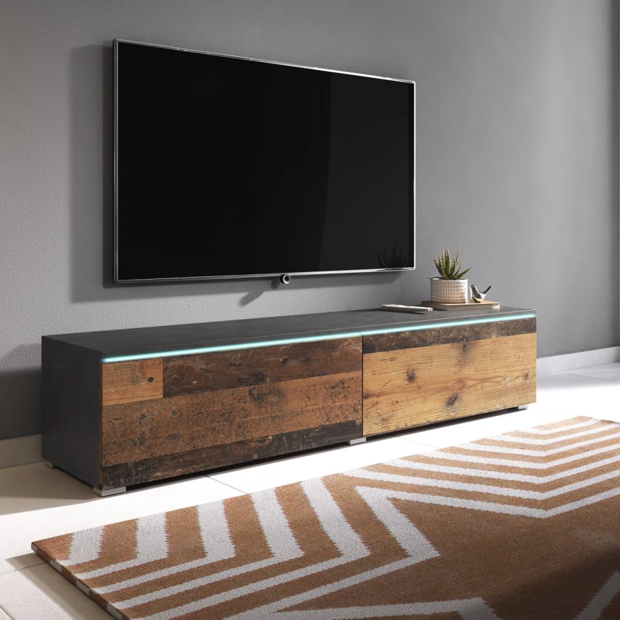 Meuble TV contemporain gris foncé et chêne avec LED 2 portes - 140 cm