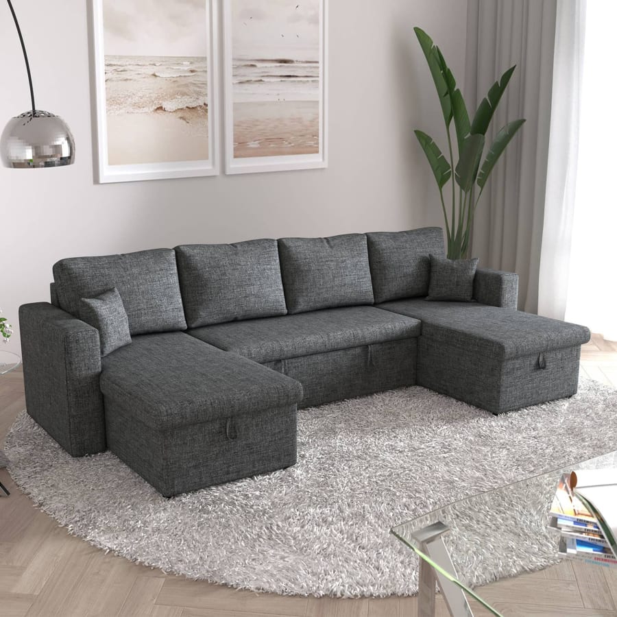 Canap&eacute; d&rsquo;angle convertible coffre de rangement en tissu gris fonc&eacute;