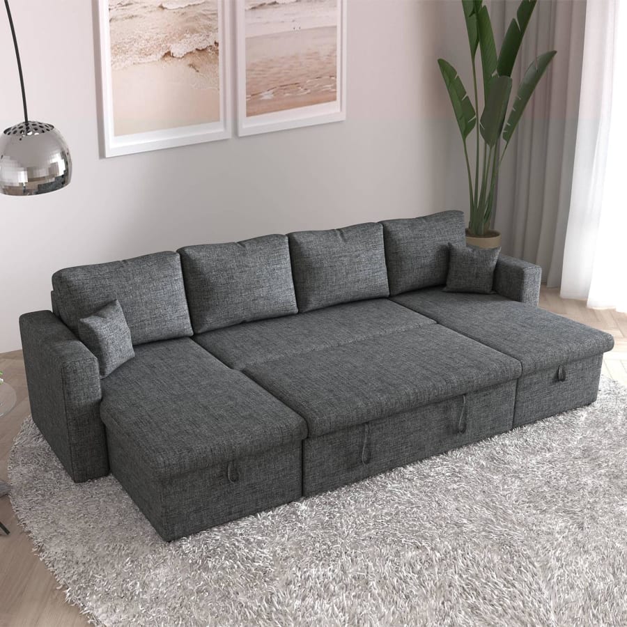 Canap&eacute; d&rsquo;angle convertible coffre de rangement en tissu gris fonc&eacute;