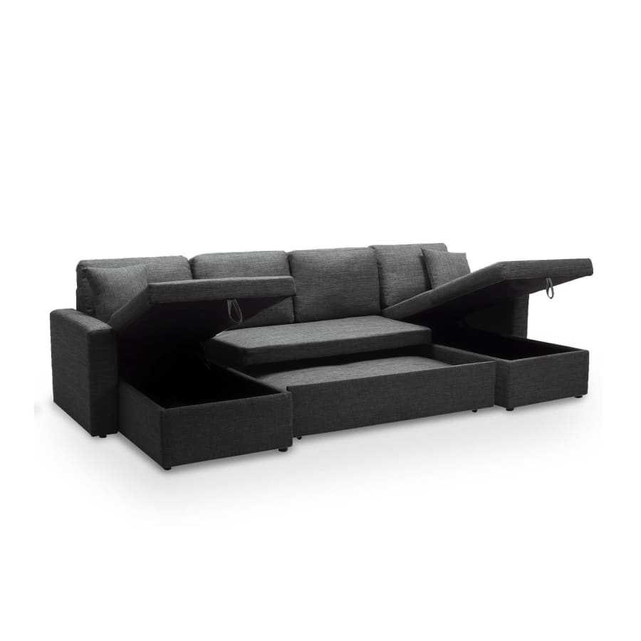 Canap&eacute; d&rsquo;angle convertible coffre de rangement en tissu gris fonc&eacute;