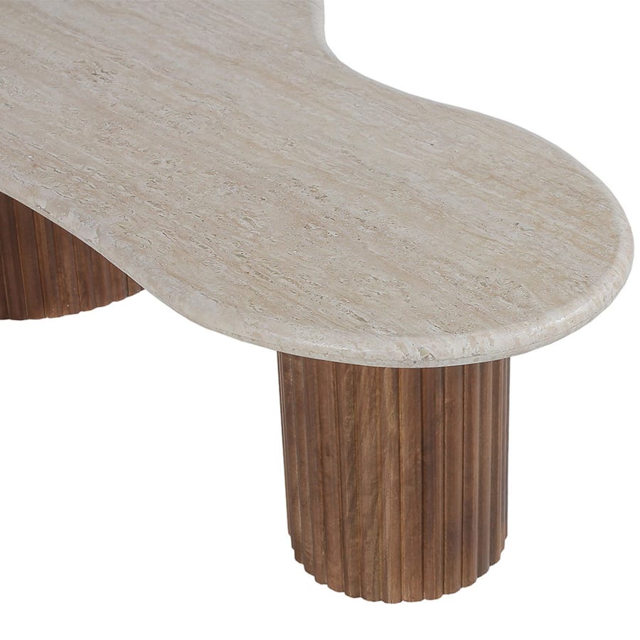 Table basse en bois de manguier et travertin