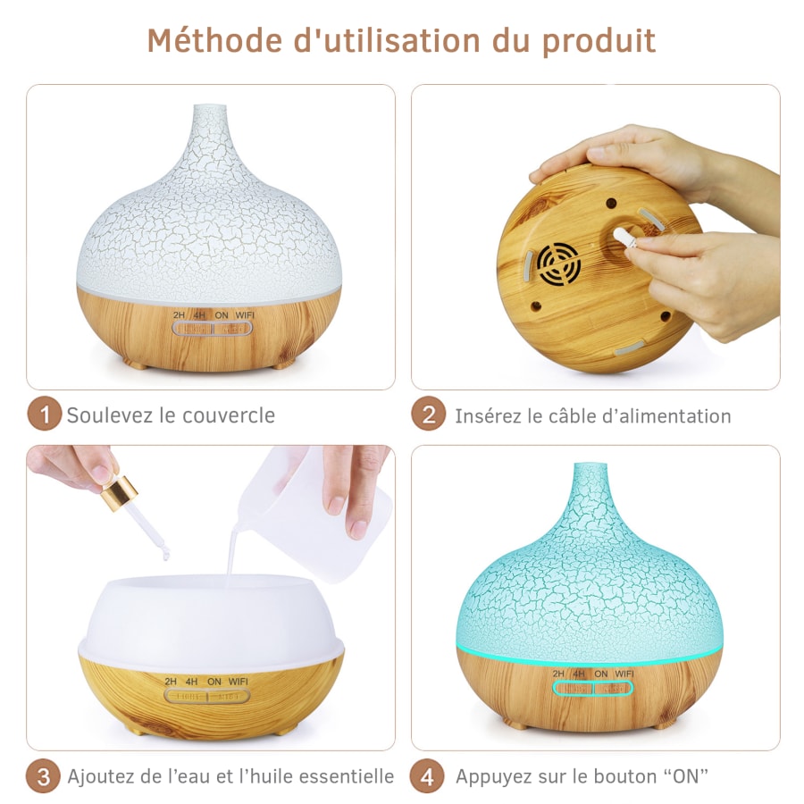 Diffuseur d'huiles essentielles &agrave; LED couleur bois et blanc