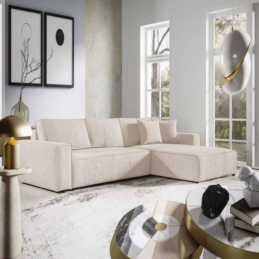 Canap&eacute; d'angle convertible et r&eacute;versible avec coffre en velours cotel&eacute; beige