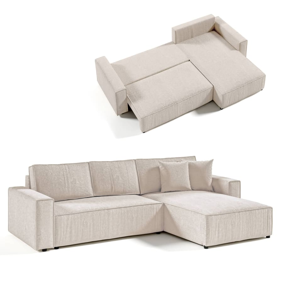 Canap&eacute; d'angle convertible et r&eacute;versible avec coffre en velours cotel&eacute; beige