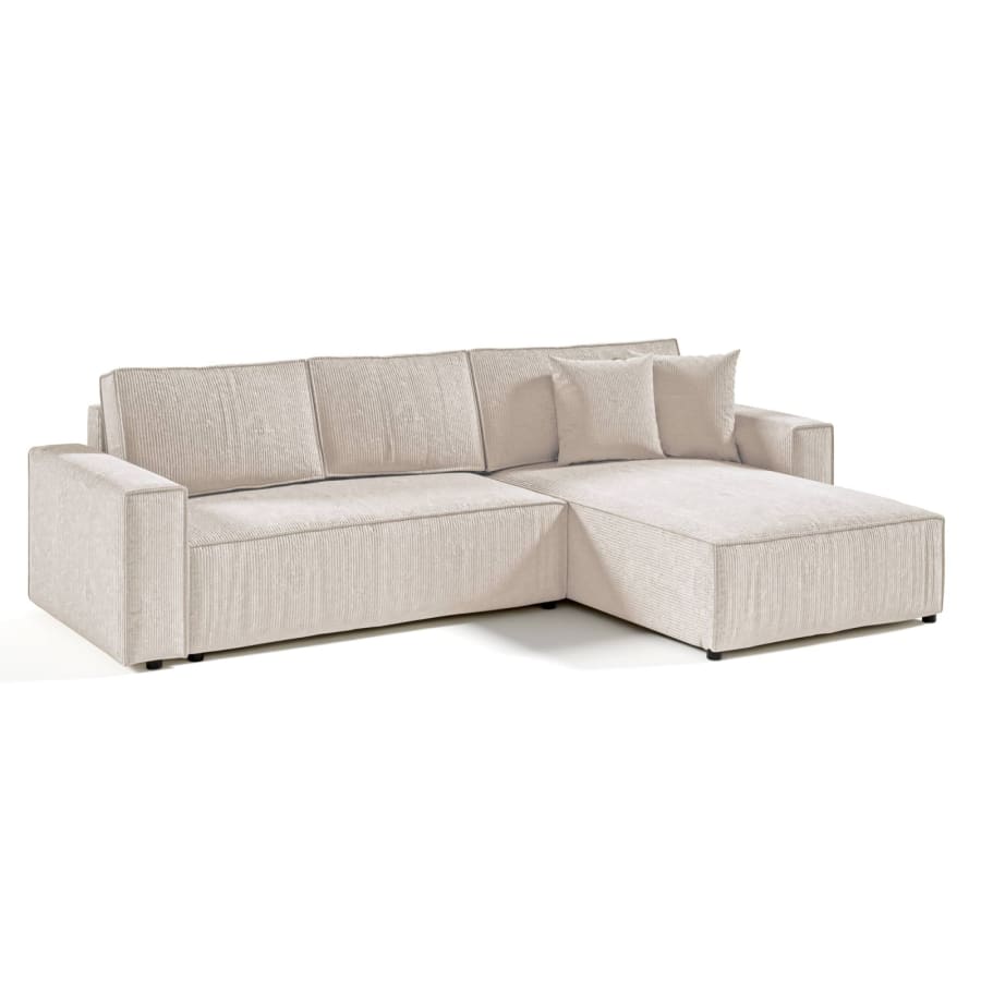 Canap&eacute; d'angle convertible et r&eacute;versible avec coffre en velours cotel&eacute; beige