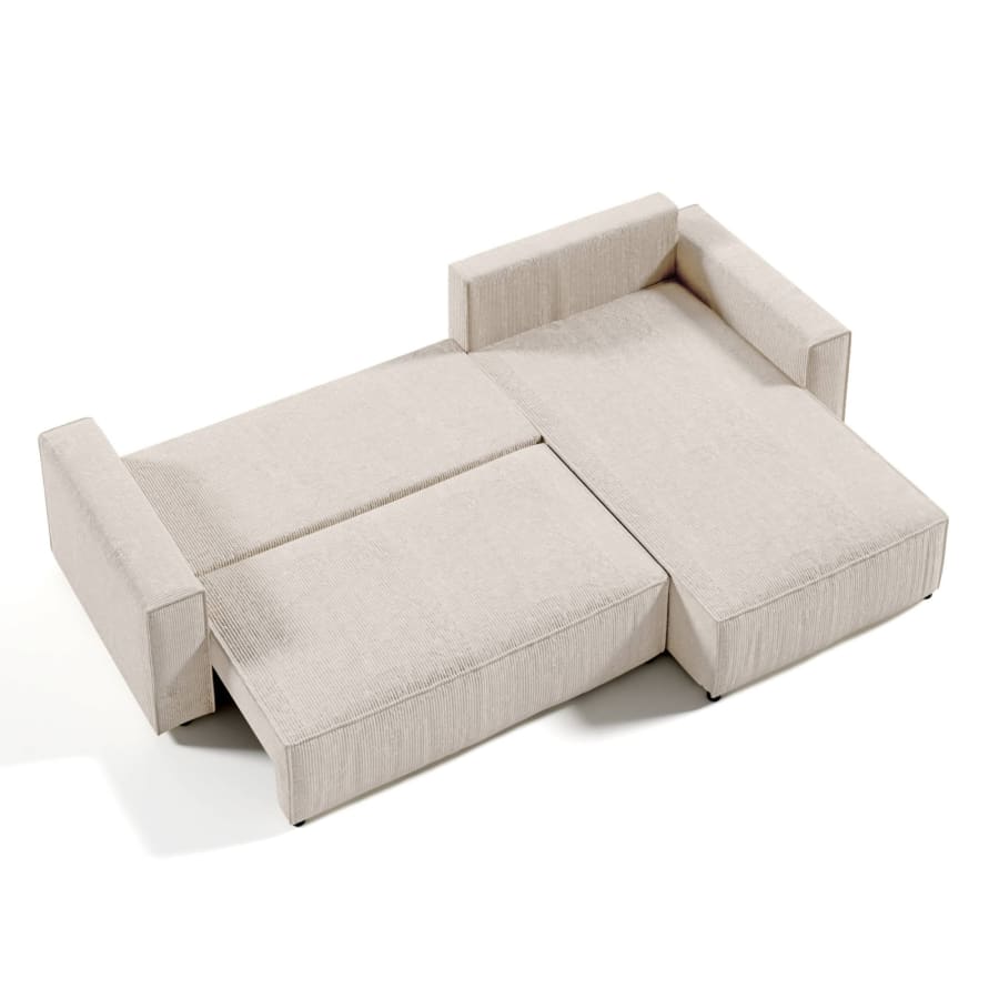 Canap&eacute; d'angle convertible et r&eacute;versible avec coffre en velours cotel&eacute; beige