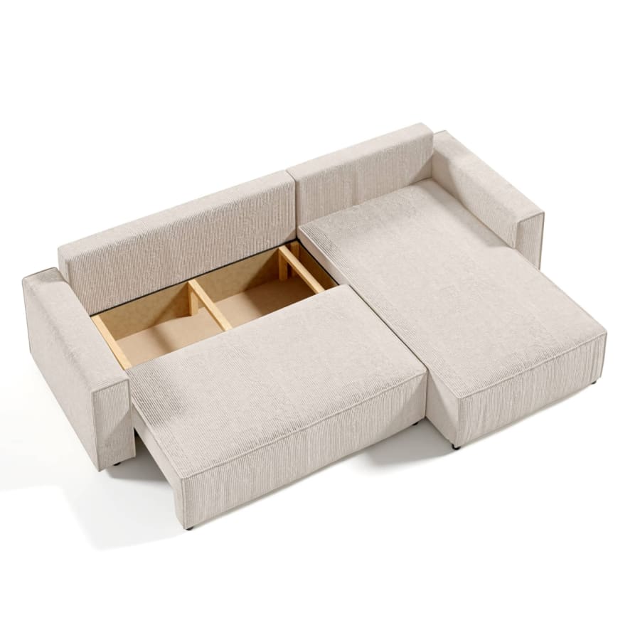 Canap&eacute; d'angle convertible et r&eacute;versible avec coffre en velours cotel&eacute; beige