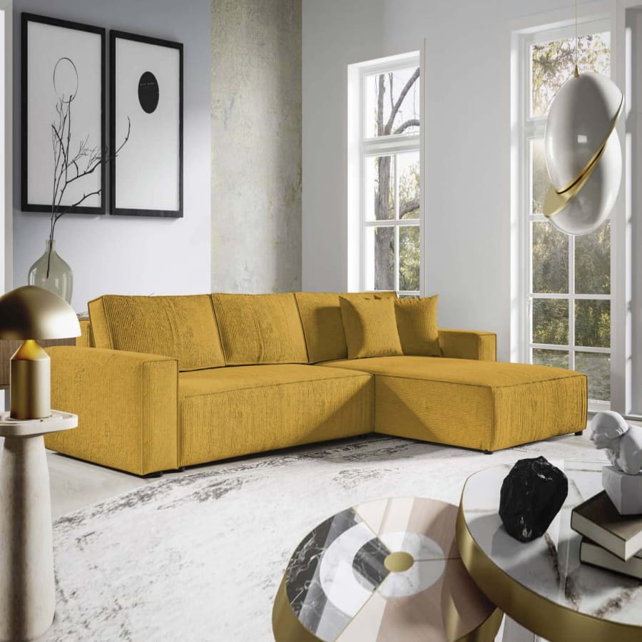 Canap&eacute; d'angle convertible et r&eacute;versible avec coffre en velours cotel&eacute; moutarde