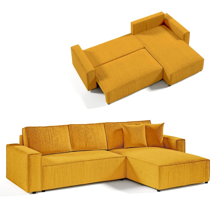 Canap&eacute; d'angle convertible et r&eacute;versible avec coffre en velours cotel&eacute; moutarde