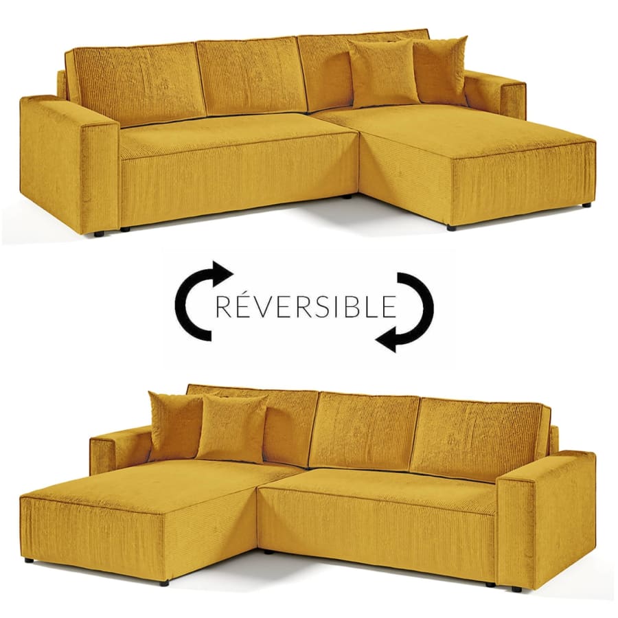 Canap&eacute; d'angle convertible et r&eacute;versible avec coffre en velours cotel&eacute; moutarde