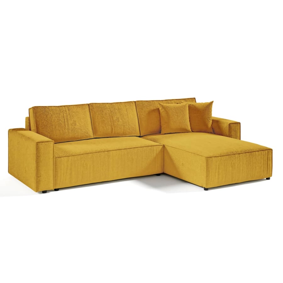 Canap&eacute; d'angle convertible et r&eacute;versible avec coffre en velours cotel&eacute; moutarde