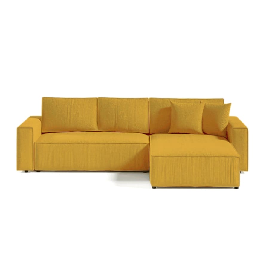 Canap&eacute; d'angle convertible et r&eacute;versible avec coffre en velours cotel&eacute; moutarde