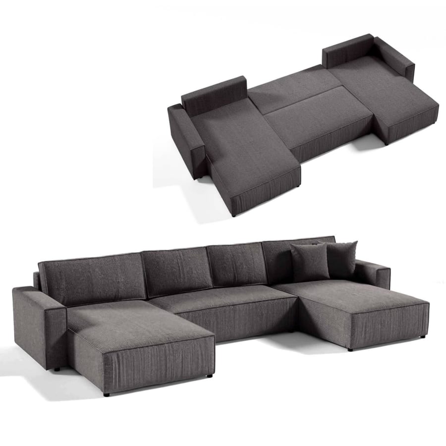 Canap&eacute; panoramique convertible avec coffre en velours c&ocirc;tel&eacute; gris anthracite