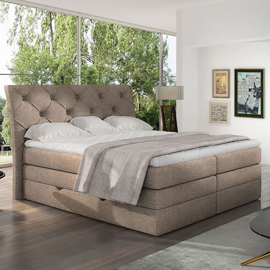 Lit boxspring 160x200 avec coffre de rangement en tissu beige MATEO