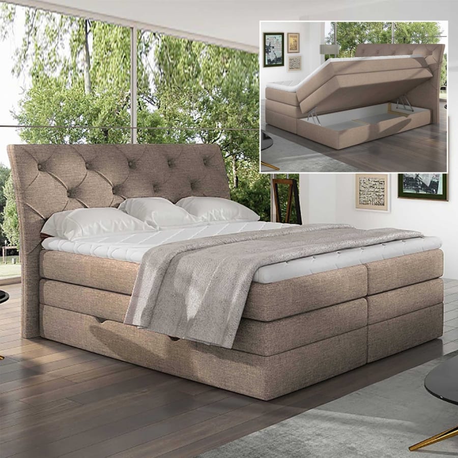 Lit boxspring 180x200 avec coffre de rangement en tissu beige MATEO
