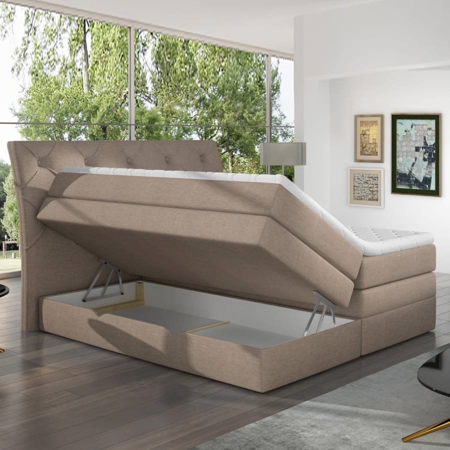 Lit boxspring 180x200 avec coffre de rangement en tissu beige MATEO