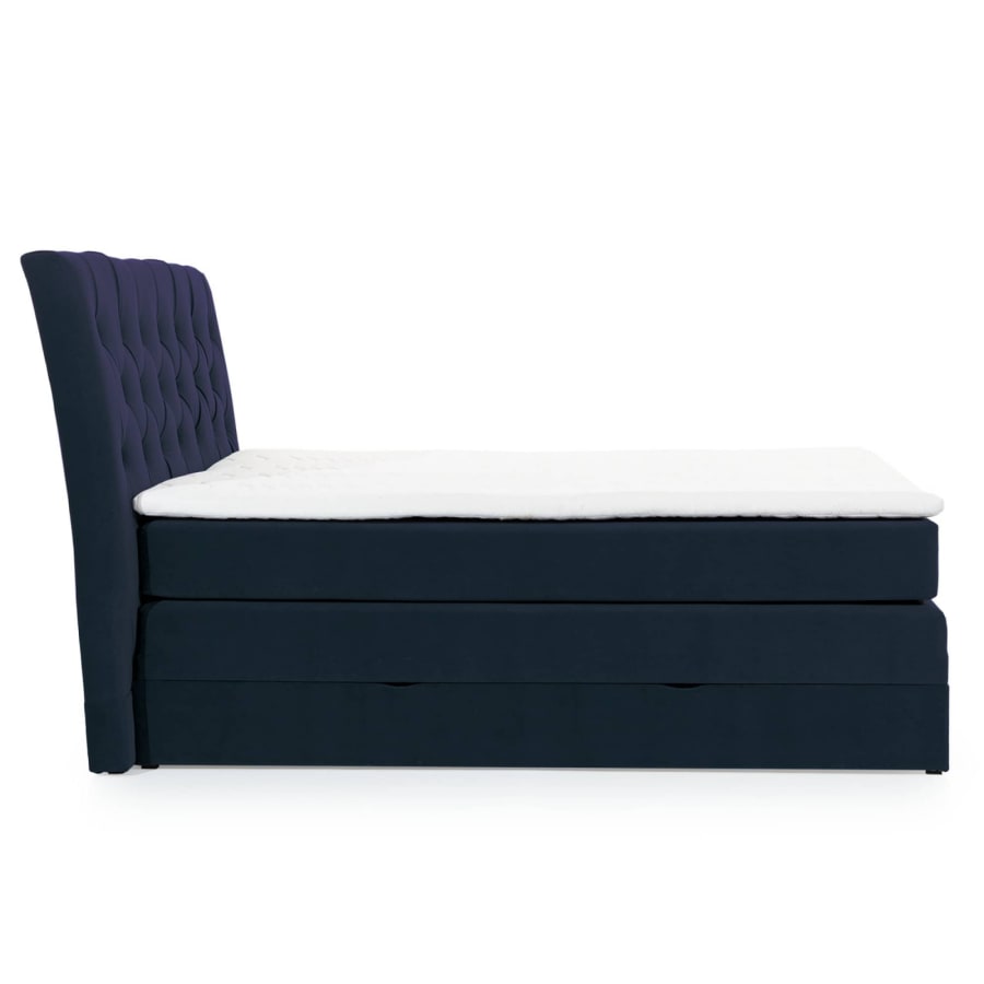Lit boxspring 180x200 avec coffre de rangement en velours bleu fonc&eacute; MATEO