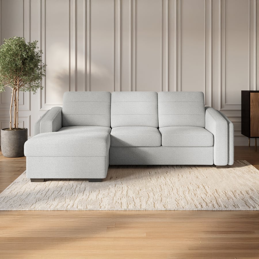 Canapé d'angle convertible avec coffre en tissu bouclette gris clair - Angle gauche