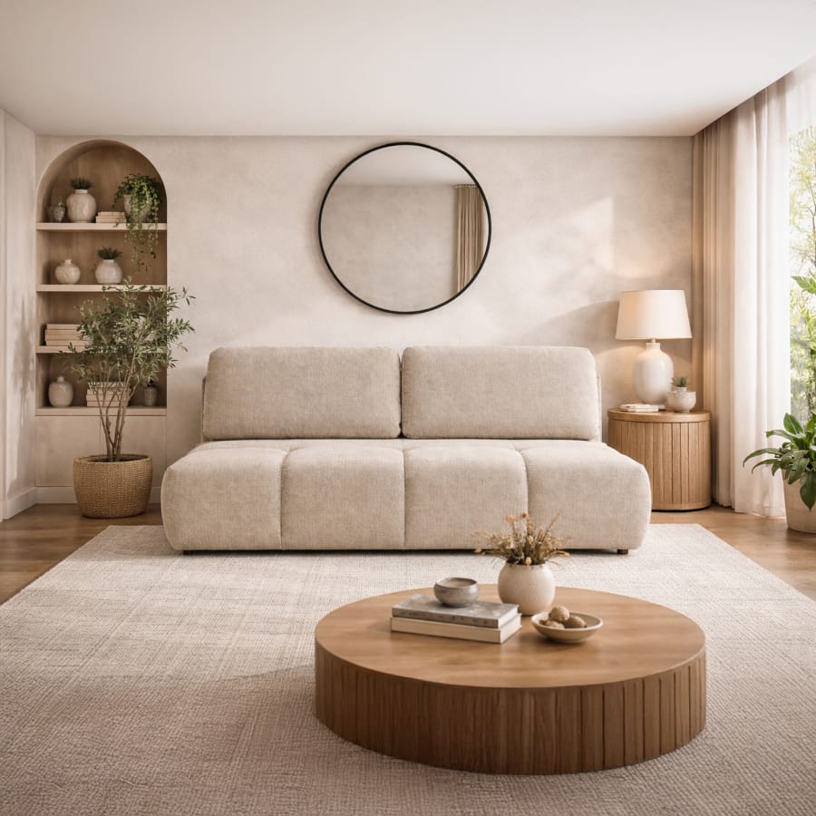 Canap&eacute; 3 places convertible avec coffre en tissu beige