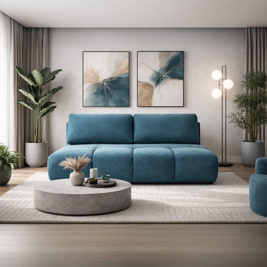 Canap&eacute; 3 places convertible avec coffre en tissu bleu