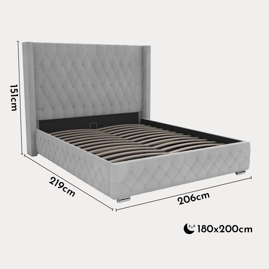 Lit capitonné coffre en velours gris 180x200 cm