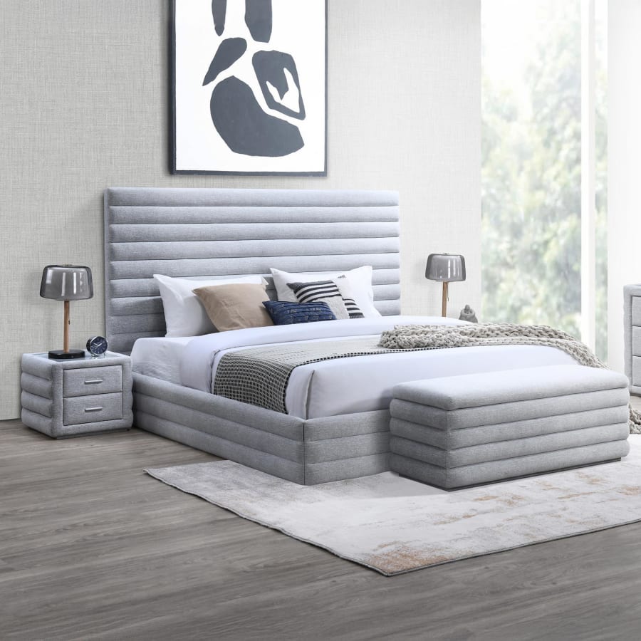 Table de chevet 2 tiroirs tissu chin&eacute; gris