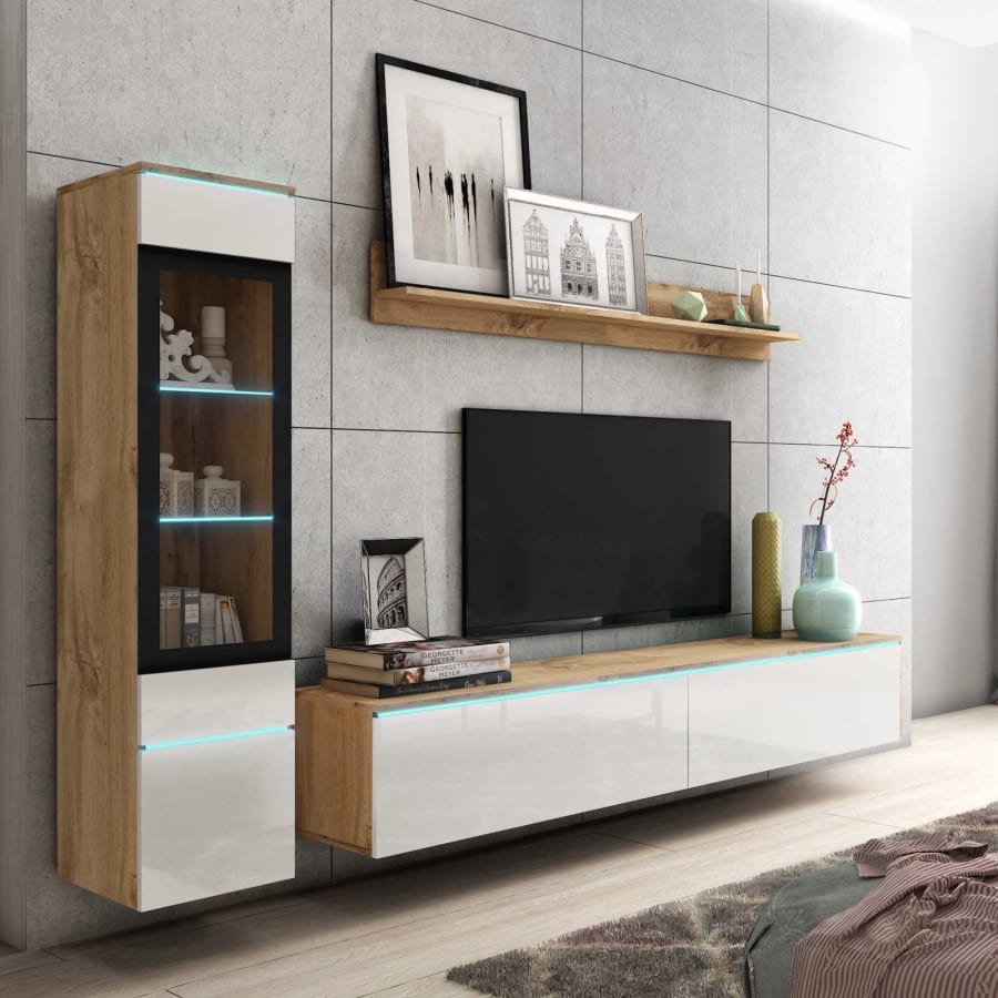 Meuble TV contemporain ch&ecirc;ne et blanc laqu&eacute; avec LED