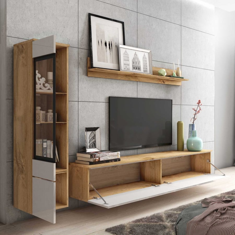 Meuble TV contemporain ch&ecirc;ne et blanc laqu&eacute; avec LED