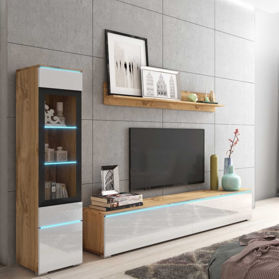Meuble TV contemporain ch&ecirc;ne et blanc laqu&eacute; avec LED