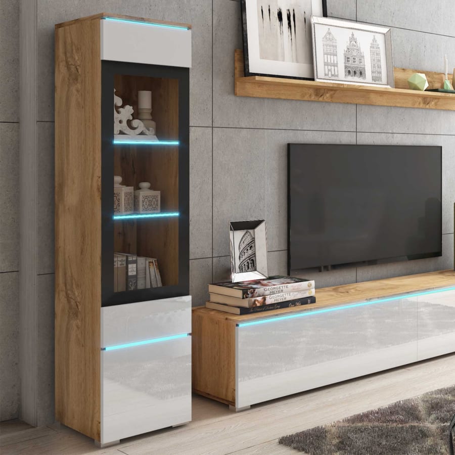 Meuble TV contemporain ch&ecirc;ne et blanc laqu&eacute; avec LED