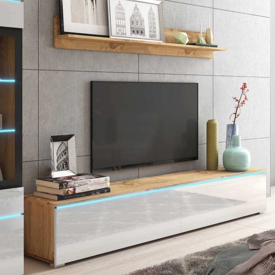 Meuble TV contemporain ch&ecirc;ne et blanc laqu&eacute; avec LED