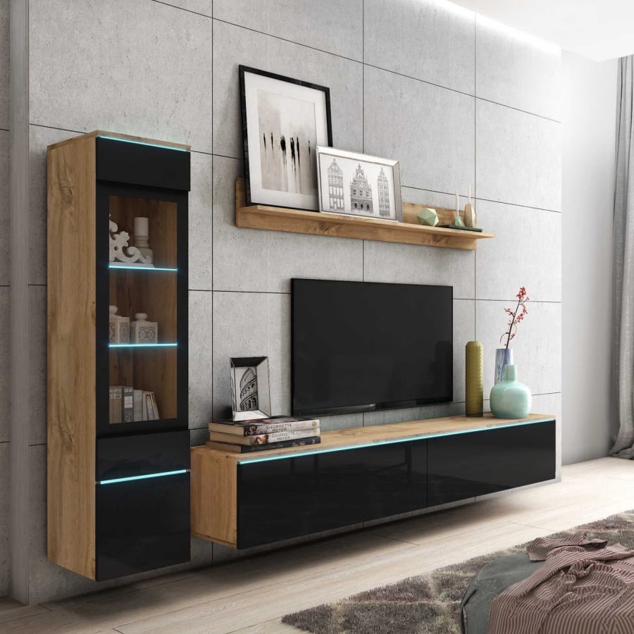 Meuble TV contemporain ch&ecirc;ne et noir laqu&eacute; avec LED