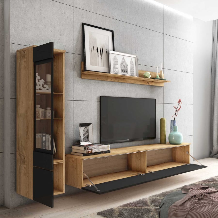 Meuble TV contemporain ch&ecirc;ne et noir laqu&eacute; avec LED